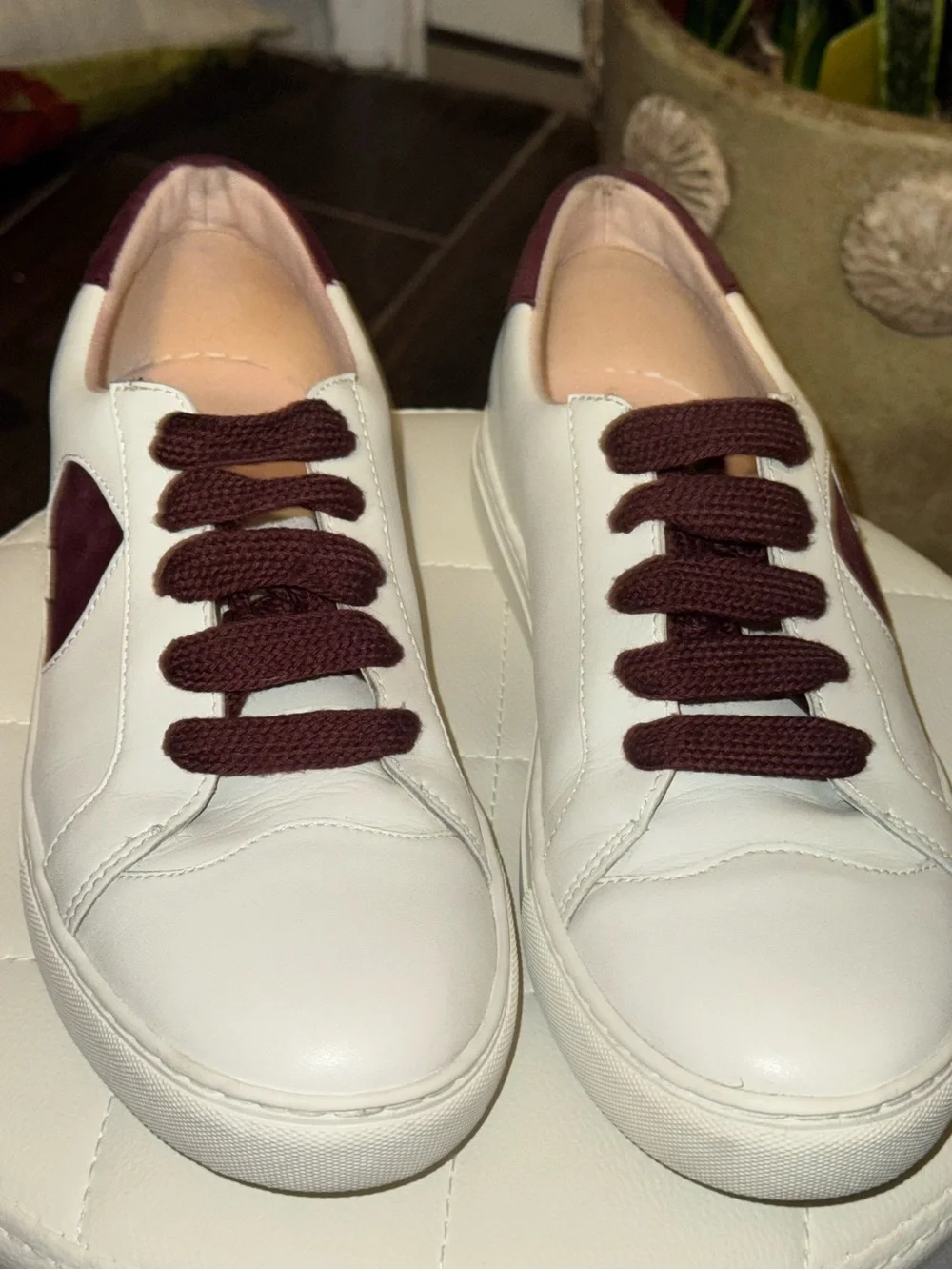 Kate Spade New York Fez White Leather Ace Suede Sneakers Burgundy Accent Sz 10B